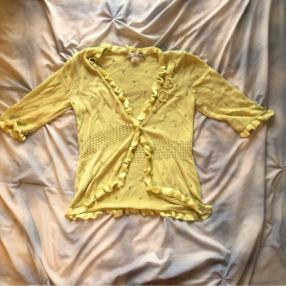Nanette Lepore dainty pastel yellow knit| embroidered half sleeve cardigan| sz s
